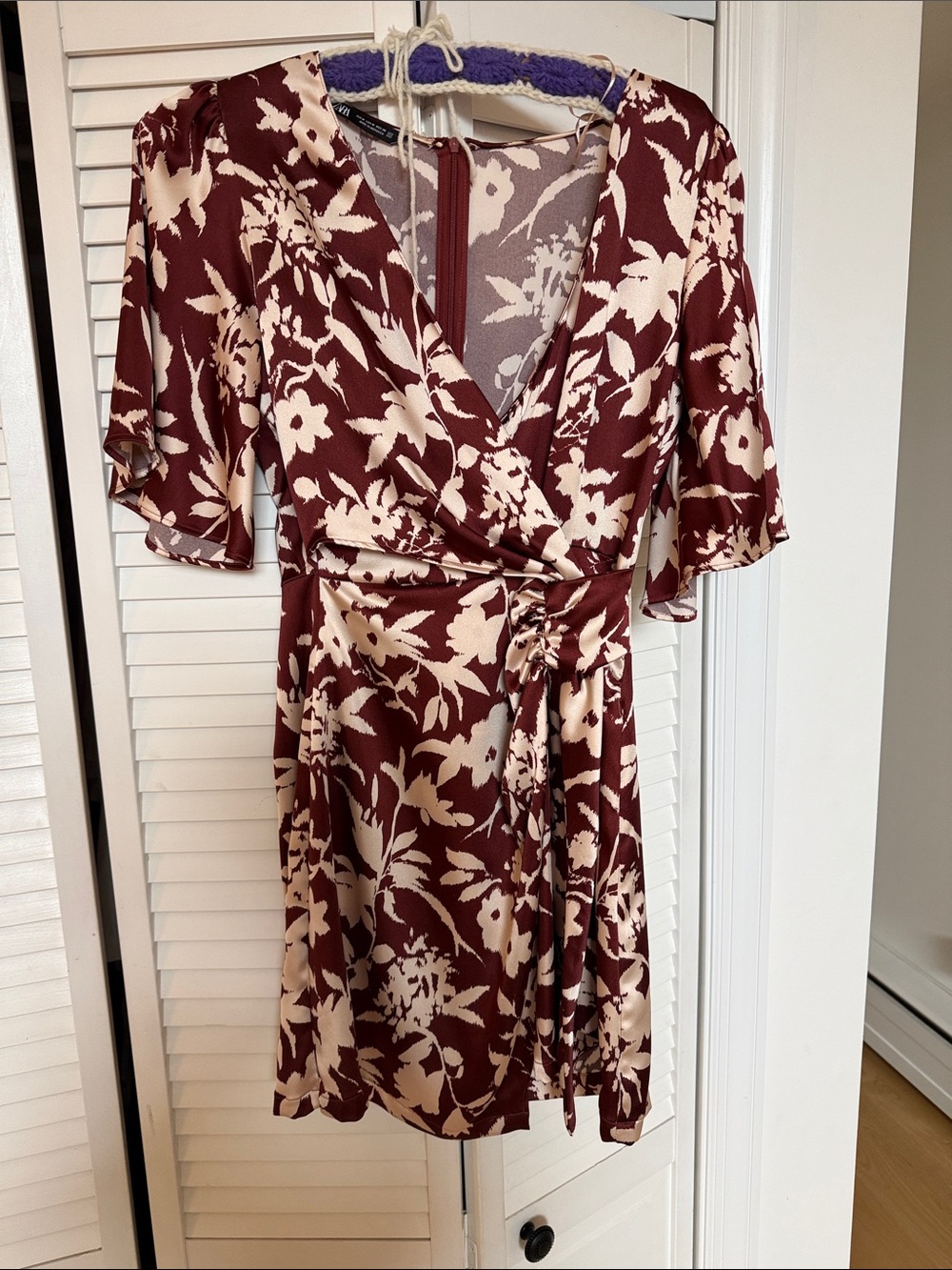 Women's Burgundy and Cream Floral Wrap Dress